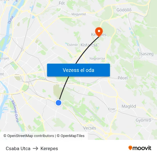 Csaba Utca to Kerepes map