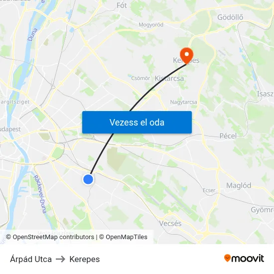 Árpád Utca to Kerepes map