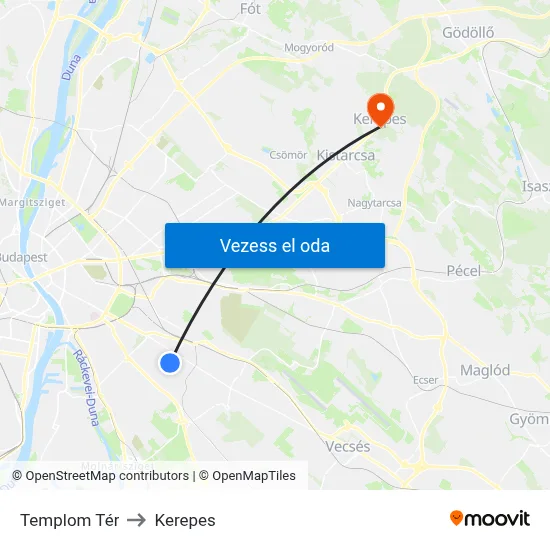 Templom Tér to Kerepes map