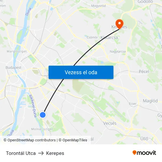 Torontál Utca to Kerepes map
