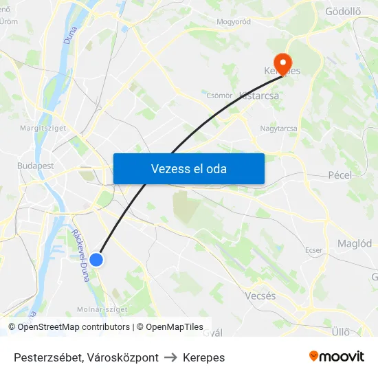 Pesterzsébet, Városközpont to Kerepes map