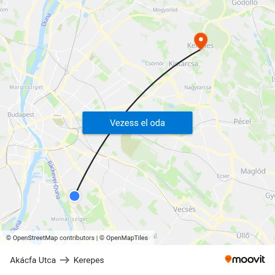 Akácfa Utca to Kerepes map