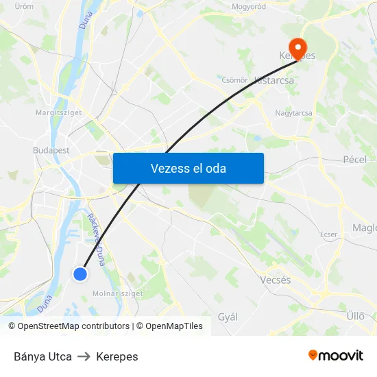 Bánya Utca to Kerepes map