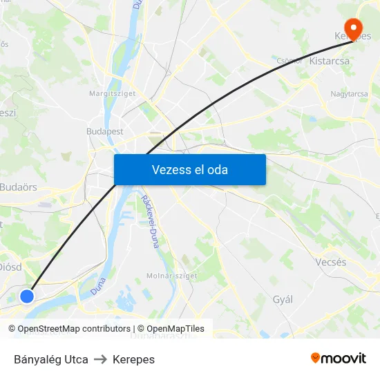 Bányalég Utca to Kerepes map