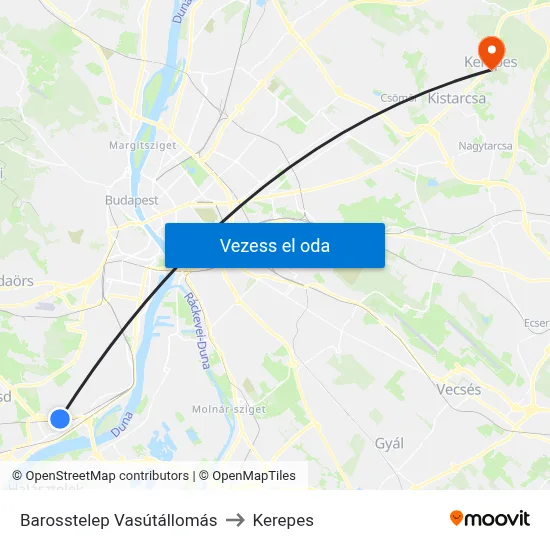 Barosstelep Vasútállomás to Kerepes map