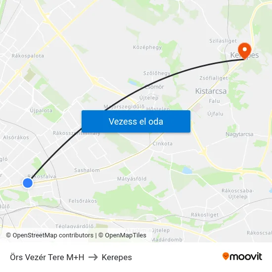 Örs Vezér Tere M+H to Kerepes map