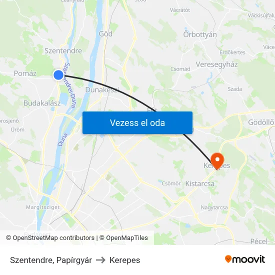 Szentendre, Papírgyár to Kerepes map