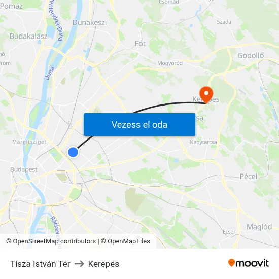 Tisza István Tér to Kerepes map