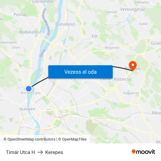Tímár Utca H to Kerepes map