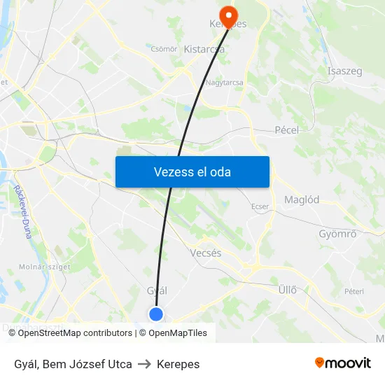 Gyál, Bem József Utca to Kerepes map