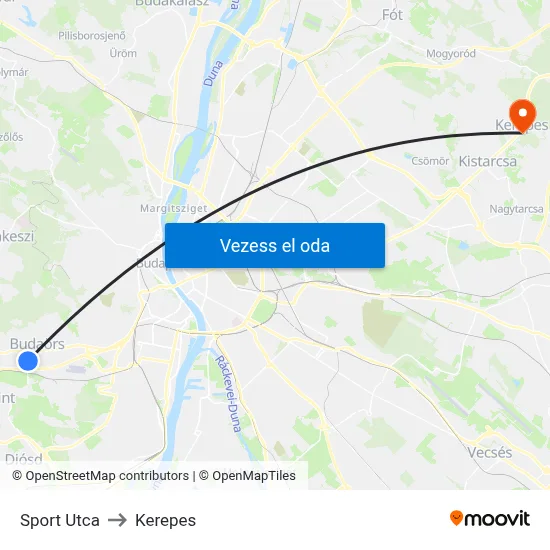 Sport Utca to Kerepes map