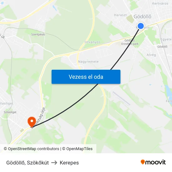 Gödöllő, Szökőkút to Kerepes map