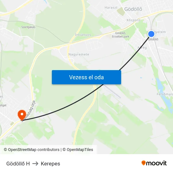 Gödöllő H to Kerepes map