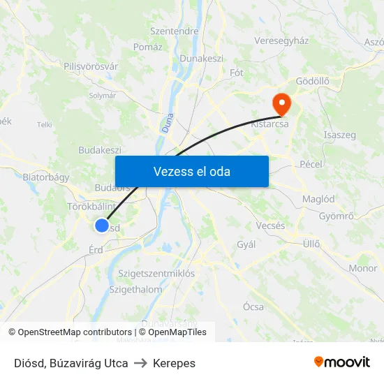 Diósd, Búzavirág Utca to Kerepes map