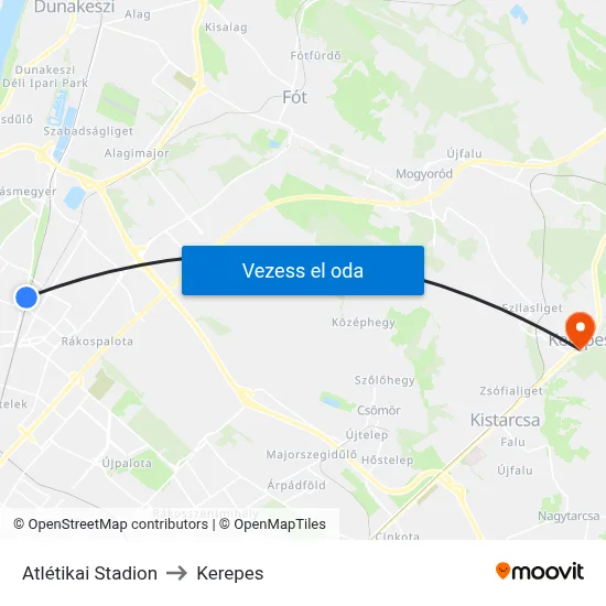 Atlétikai Stadion to Kerepes map
