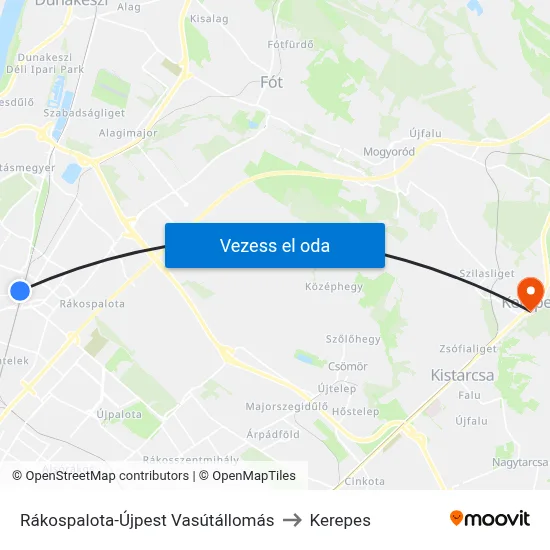 Rákospalota-Újpest Vasútállomás to Kerepes map