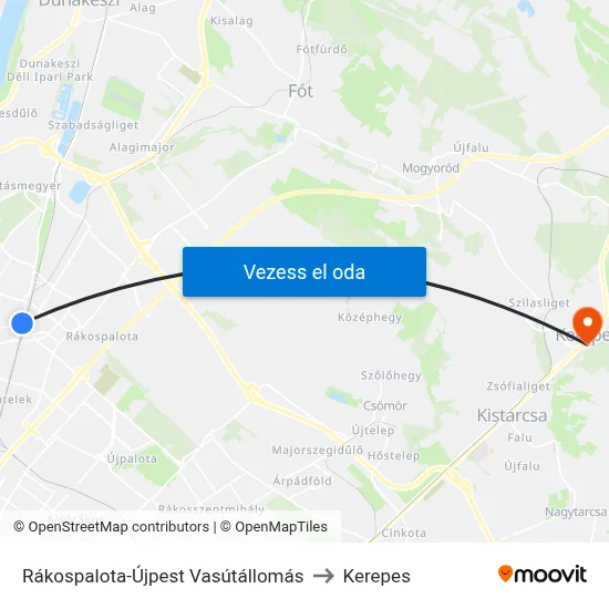 Rákospalota-Újpest Vasútállomás to Kerepes map