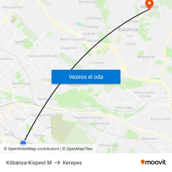 Kőbánya-Kispest M to Kerepes map