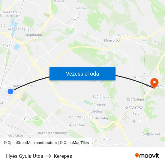 Illyés Gyula Utca to Kerepes map