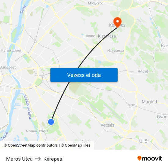 Maros Utca to Kerepes map