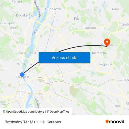 Batthyány Tér M+H to Kerepes map