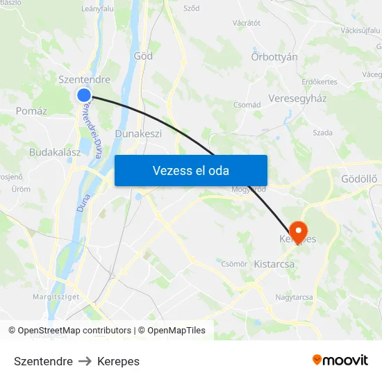Szentendre to Kerepes map