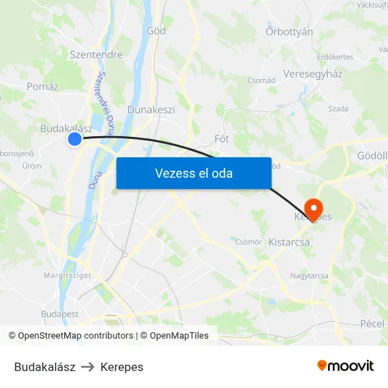 Budakalász to Kerepes map