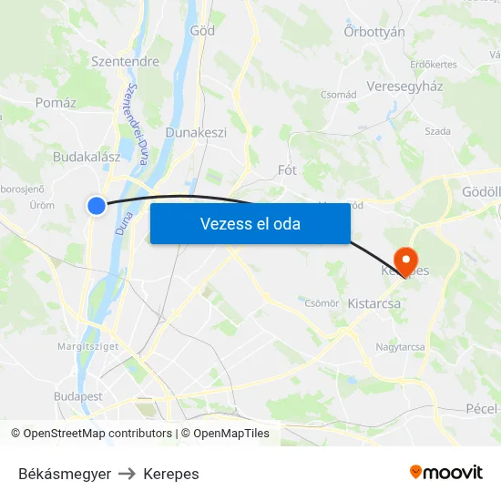 Békásmegyer to Kerepes map