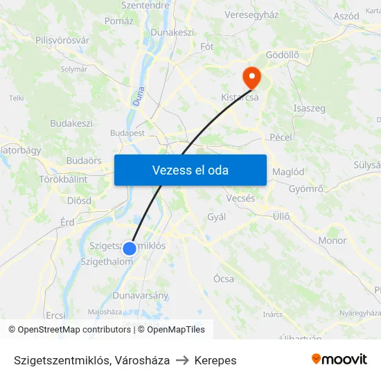 Szigetszentmiklós, Városháza to Kerepes map