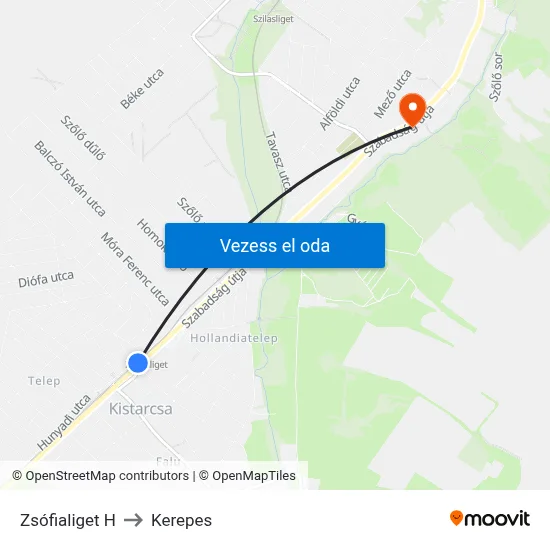 Zsófialiget H to Kerepes map