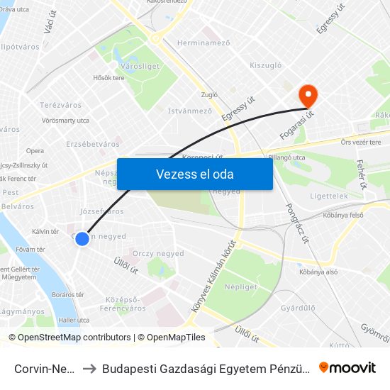 Corvin-Negyed M to Budapesti Gazdasági Egyetem Pénzügyi És Számviteli Kar map