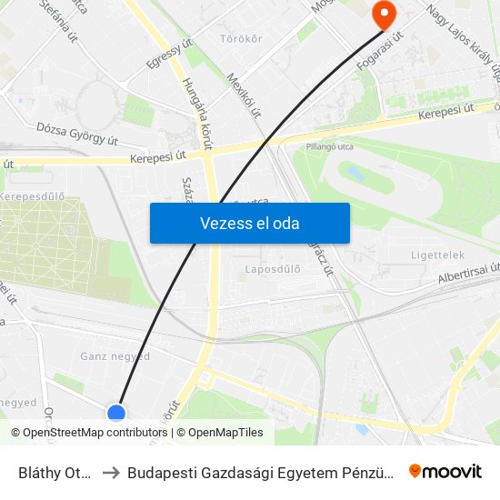 Bláthy Ottó Utca to Budapesti Gazdasági Egyetem Pénzügyi És Számviteli Kar map
