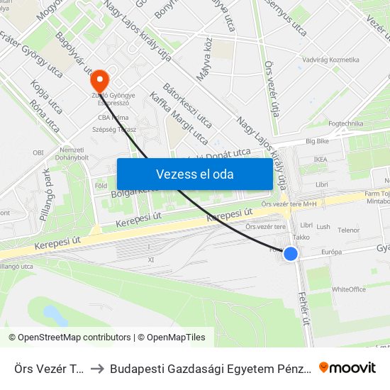 Örs Vezér Tere M+H to Budapesti Gazdasági Egyetem Pénzügyi És Számviteli Kar map