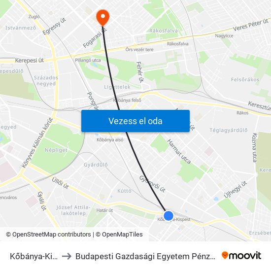 Kőbánya-Kispest M to Budapesti Gazdasági Egyetem Pénzügyi És Számviteli Kar map