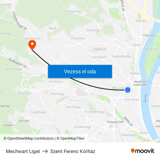 Mechwart Liget to Szent Ferenc Kórház map