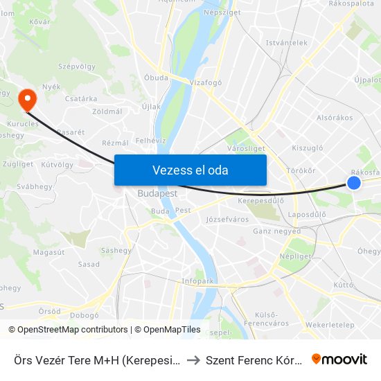 Örs Vezér Tere M+H (Kerepesi Út) to Szent Ferenc Kórház map