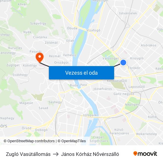 Zugló Vasútállomás to János Kórház Nővérszálló map