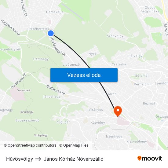 Hűvösvölgy to János Kórház Nővérszálló map