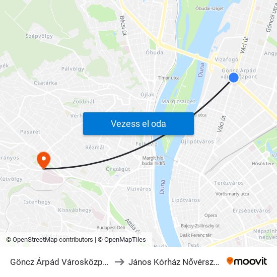 Göncz Árpád Városközpont to János Kórház Nővérszálló map