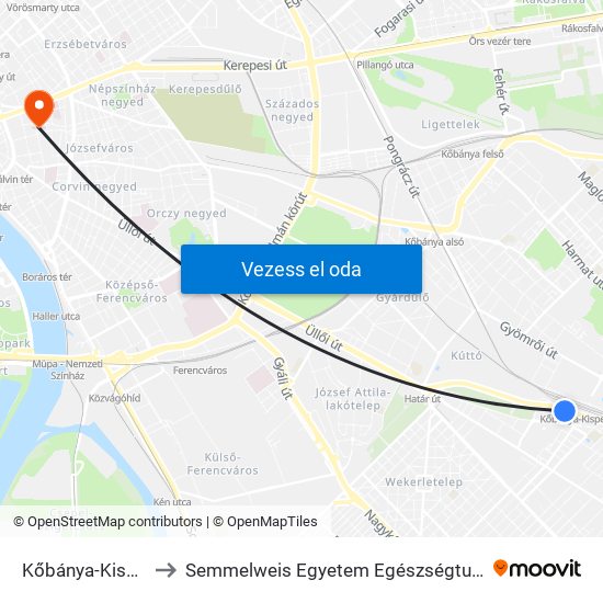 Kőbánya-Kispest M to Semmelweis Egyetem Egészségtudományi Kar map