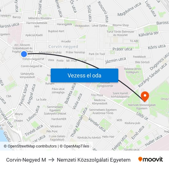 Corvin-Negyed M to Nemzeti Közszolgálati Egyetem map