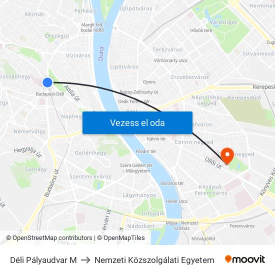 Déli Pályaudvar M to Nemzeti Közszolgálati Egyetem map