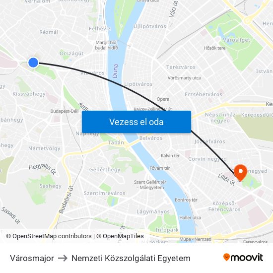 Városmajor to Nemzeti Közszolgálati Egyetem map