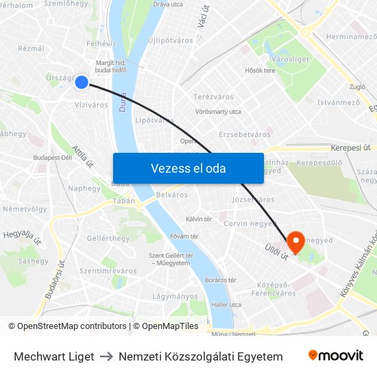 Mechwart Liget to Nemzeti Közszolgálati Egyetem map