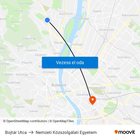 Bojtár Utca to Nemzeti Közszolgálati Egyetem map