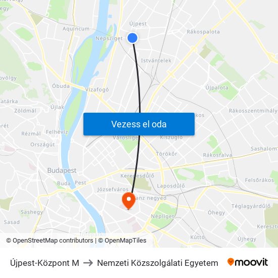 Újpest-Központ M to Nemzeti Közszolgálati Egyetem map