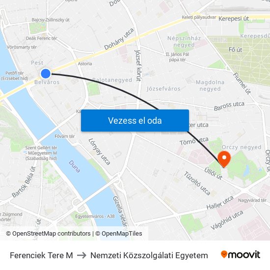 Ferenciek Tere M to Nemzeti Közszolgálati Egyetem map