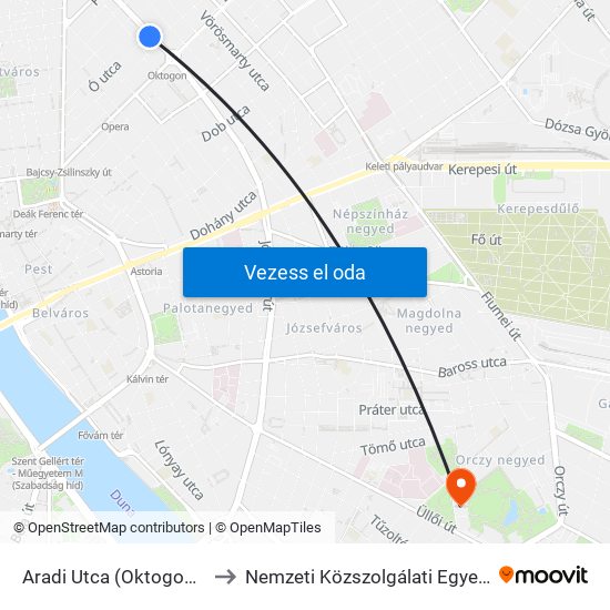 Aradi Utca (Oktogon M) to Nemzeti Közszolgálati Egyetem map