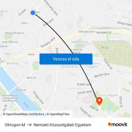 Oktogon M to Nemzeti Közszolgálati Egyetem map