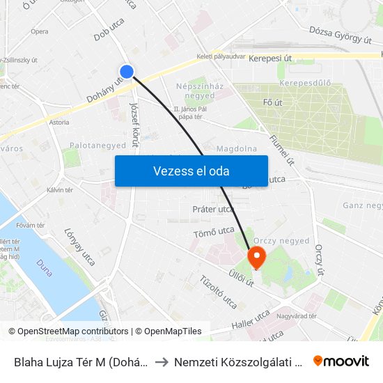 Blaha Lujza Tér M (Dohány Utca) to Nemzeti Közszolgálati Egyetem map